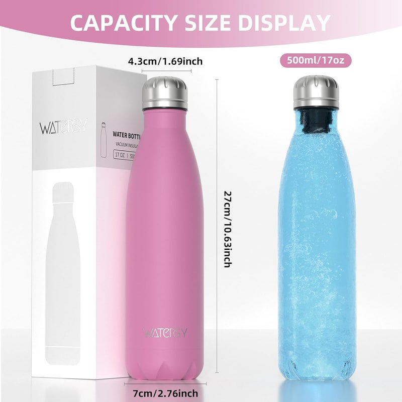WATERSY Stainless Steel water bottles,17oz/500ml Insulated Water Bottles,Gloss Pink metal water bottle Keeps Drink Cold and Hot,BPA Free kids water bottles for School,Gym,Travel,Sports - Image 3